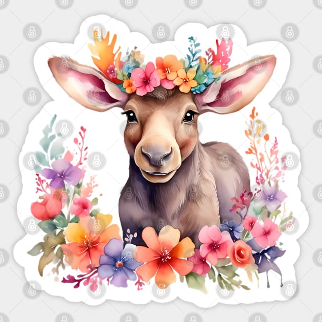 A moose decorated with beautiful watercolor flowers Sticker by CreativeSparkzz